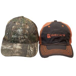 Beck's Hybrids Seed Hat Lot 2 Camo Brown Orange Mesh Back Adjustable Caps EUC